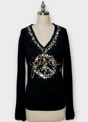 Boston Proper Black Sequin Peace Sparkly V Neck Sweater Medium