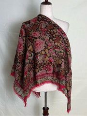 Vintage Smithsonian Institution Wool Scarf Frayed Edge Red Pink Floral 45x45