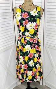 T Tahari Floral Print Accordion Pleat Belted Dress Sleeveless Black Multi Small