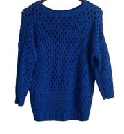 Club Monaco Sweater Women Blue Crew Neck Long Sleeve Crochet Knit Pullover