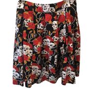 Hand Sewn Skulls & Roses Cotton Pleated Skirt Back Zip Sz. 12/14 Goth Savage