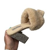 045-Cape Robbin Khaki Rhinestone Chunky Block Heel Faux Furry Teddy Open Toe