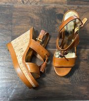  Guileietta Cognac leather tassel open toe  cork wedge 