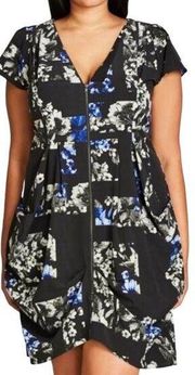 City Chic Floral Print Dress Fit & Flare Full Zipper Front V Neck Black Blue 18
