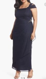 NWT Alex Evenings Embellished Cold Shoulder Navy Chiffon Dress Ruched Gown 18