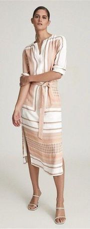 REISS • Harper Scarf Print Midi Dress mono nude white print shift tie waist belt