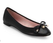 Black Leather Willa Bow Spade Charm Round Toe Ballet Flats