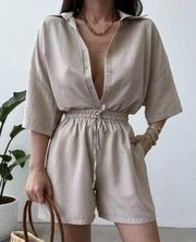 BLANK NYC Linen Blend Button Up Romper in Tan Size Medium