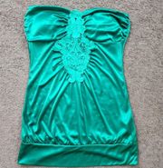 Green Satin Crochet Tube Tunic Top, Women's Medium