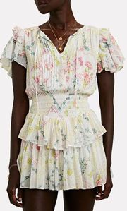 LoveShackFancy Audette Floral Cotton Mini Dress White/Yellow/Pink Women's Sz XS