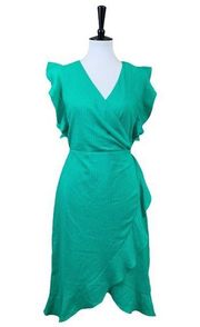 a new day Women's Ruffle Sleeve Asymmetrical Hem Green Faux Wrap Dress Size XS