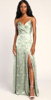 Radiant Refinement Sage Green Satin Jacquard Maxi Dress