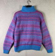 Sweater Turtleneck Vintage Womens Size Large Knit Wool Pullover Jumper Pink Blue