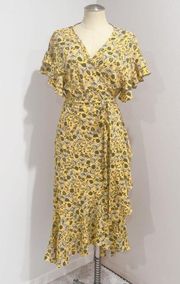 Max Studio Women's Yellow Floral Crepe Hi-Low Midi Ruffle Wrap Dress Size XL