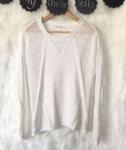 OLIVE & OAK White Wide Knit Panel Cotton Crewneck Sweater