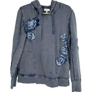 Lucky Brand Y2K Washed Blue Hoodie Floral Embroidered Distressed Pockets Sz L