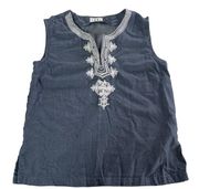 THML Tank Top Womens X Small Blue White Embroidered Split V-Neck Boho Cotton