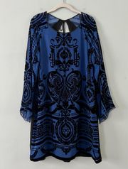 NWT  Royal Blue Silk Black Velvet Beaded Embellished Cocktail Dress