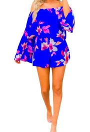 Peach Love Women's Medium Blue Pink White Off Shoulder Flared Sleeve Romper