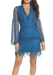 Foxiedox Womens Dress Size Medium Crochet Teal Blue Lace Gloria Bell Sleeve