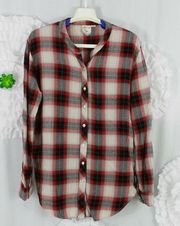 White Crow Womens Shirt Top Size Small Plaid Button Up Red Black Rounded Hem