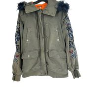 Free People  Follow Me Close Embroidered Green Parka Jacket with Fur‎ Hood XS