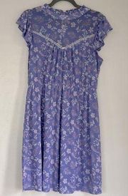 Purple Floral High Neck Flowy Ruffle Dress L