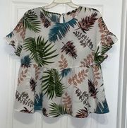 (5/$25) SHEIN Ruffle Trim Tropical Print Peplum Top