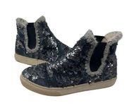 MOU silver sequin grey velvet pull on winter shearling lined boots sz 38