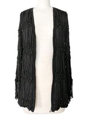 Giorgio Armani Black Crochet Macrame Knit Fringe Detail Blazer Jacket