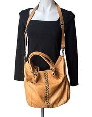 Leather Boho Shoulder Tote Bag with Goldtone Bar Accent