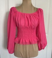 Aqua Women's Smocked Ruffle Sheer Long-Sleeve Blouse Crop Top Hot Fuschia Sz S