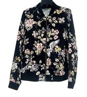 Torrid Black Twill Print Bomber Jacket Boho Floral Bird Print Ribbed Trim Sz 0X