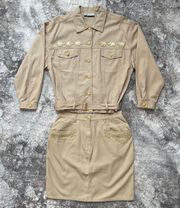 Class Vintage 90s Tan Khaki Denim Elephant Button Up Belted Jacket & Skirt Set