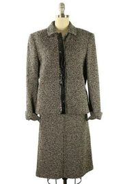 Max Mara Italy Croc Embossed Leather Trim Black Wool Tweed Skirt Suit Jacket 12