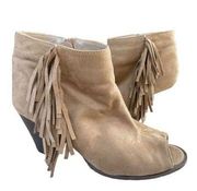 Charming Charlie open toe tan khaki colored suede tassel ankle booties size 7.5/