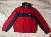 Vintage  Red/Navy Stripe Jacket w Logo on the Neck & Attached Hood