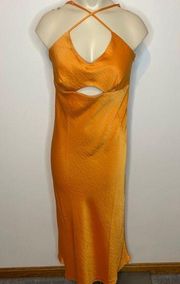 NWT House of Harlow 1960 Slip Dress MEDIUM Orange Satin Cutout Midi Silky Modern