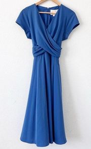 Blue V-Neck Waist Tie A-Line Dress