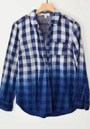 Life In Progress Blue Buffalo Plaid Dip Dye Camp Shirt Small INV096