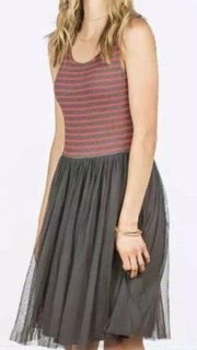 Matilda Jane Dress Womens L Red Gray Stripe Twas The Night Tulle Sleeveless NEW