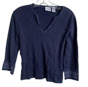 Sonoma Shirt Womens Small Petite Navy Blue V-Neck 3/4 Sleeve Top Cotton