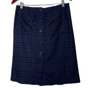 Burberry London Navy Wool Plaid Button Front Back Pleat Pencil Skirt 6