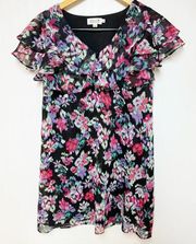 Molly Bracken Womens Floral Dress Ruffle Sleeve Black Pink XS