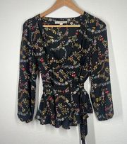 Loft Ann Taylor  Long Balloon Sleeve Wrap-Front Peplum Top Black & Gold Floral XS