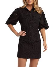 Brody Black Eyelet Lace Puff Sleeve Button Down Mini Dress 8 Medium Mini