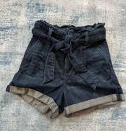 EXPRESS  Super High Rise Dark Wash Belted Shortie Cuffed Denim Shorts Size 2