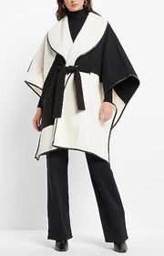 Black White Color Block Wrap Poncho Coat Jacket