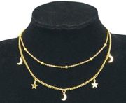 The Moon Celestial Gold Tone Double Layer Stars Charm Choker Necklace