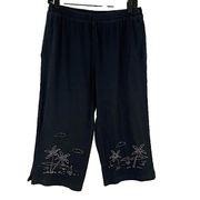 Christopher and Banks Black Embroidered Palm Tree Wide Leg Capris Size Medium